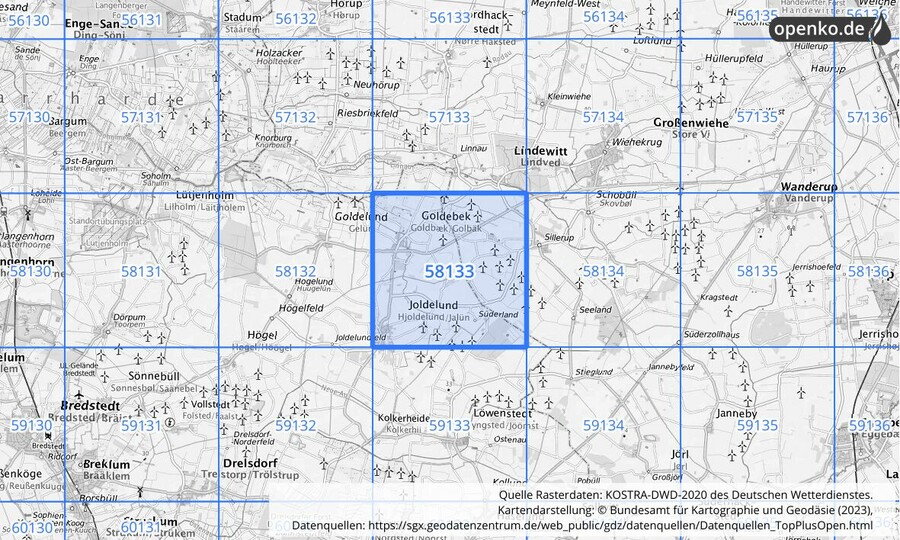 Übersichtskarte des KOSTRA-DWD-2020-Rasterfeldes Nr. 58133