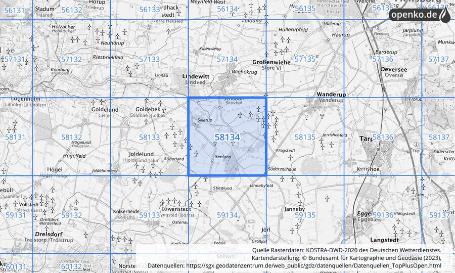 Übersichtskarte des KOSTRA-DWD-2020-Rasterfeldes Nr. 58134