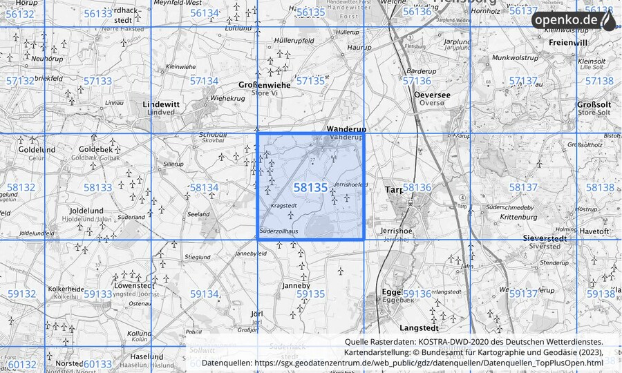 Übersichtskarte des KOSTRA-DWD-2020-Rasterfeldes Nr. 58135