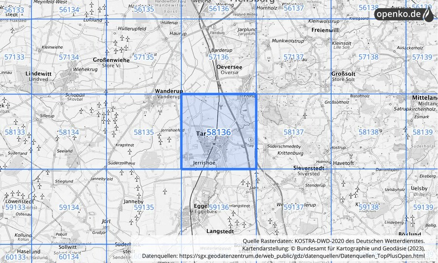 Übersichtskarte des KOSTRA-DWD-2020-Rasterfeldes Nr. 58136