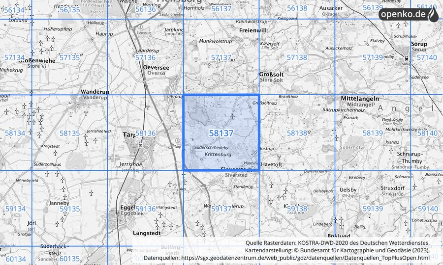 Übersichtskarte des KOSTRA-DWD-2020-Rasterfeldes Nr. 58137