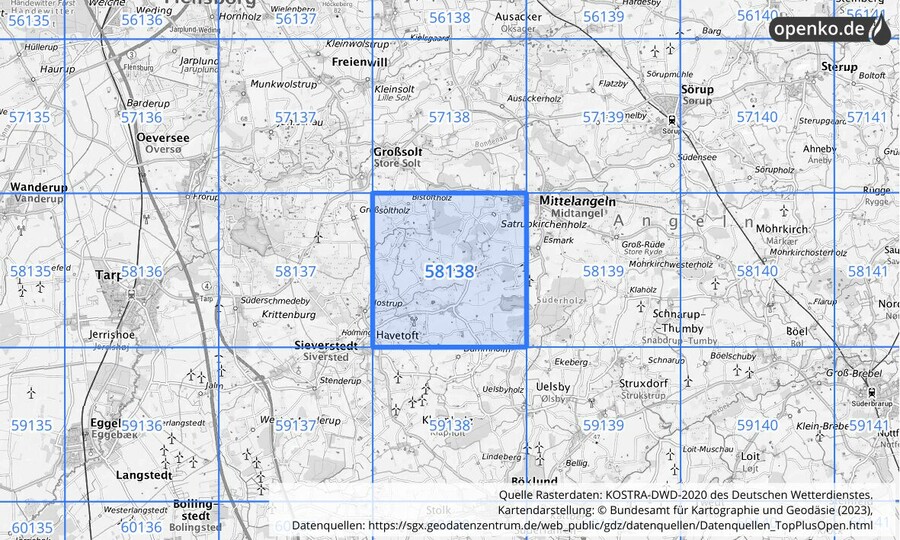 Übersichtskarte des KOSTRA-DWD-2020-Rasterfeldes Nr. 58138
