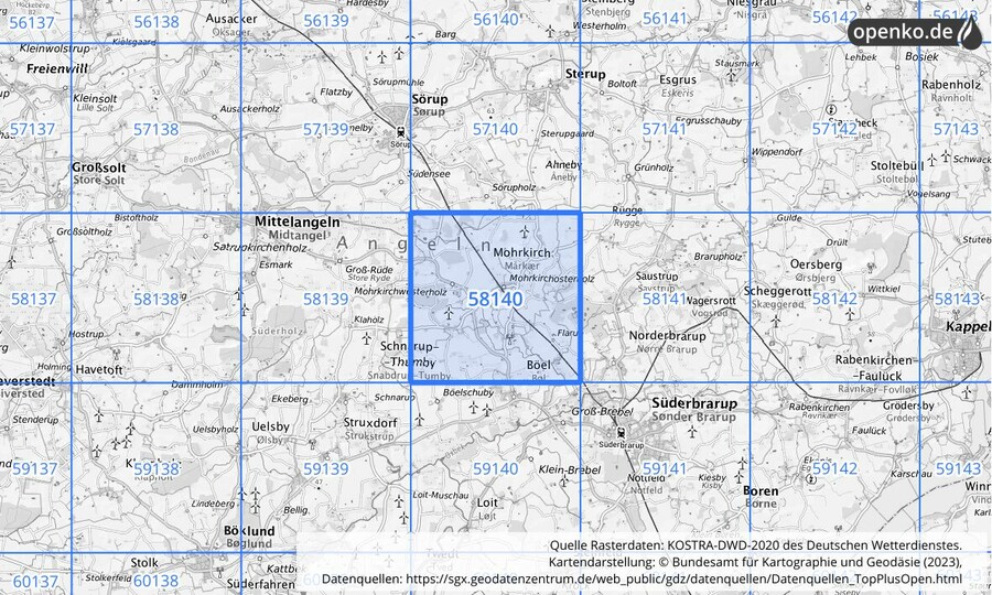Übersichtskarte des KOSTRA-DWD-2020-Rasterfeldes Nr. 58140