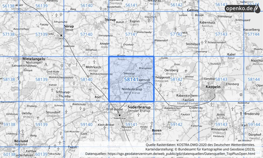 Übersichtskarte des KOSTRA-DWD-2020-Rasterfeldes Nr. 58141