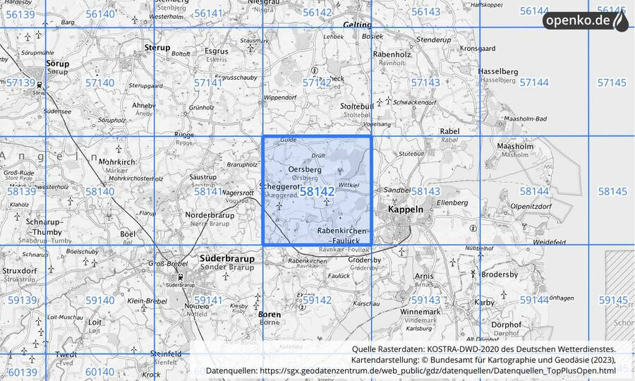 Übersichtskarte des KOSTRA-DWD-2020-Rasterfeldes Nr. 58142