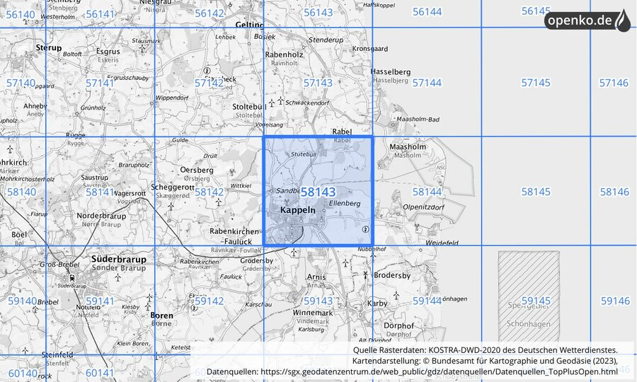 Übersichtskarte des KOSTRA-DWD-2020-Rasterfeldes Nr. 58143