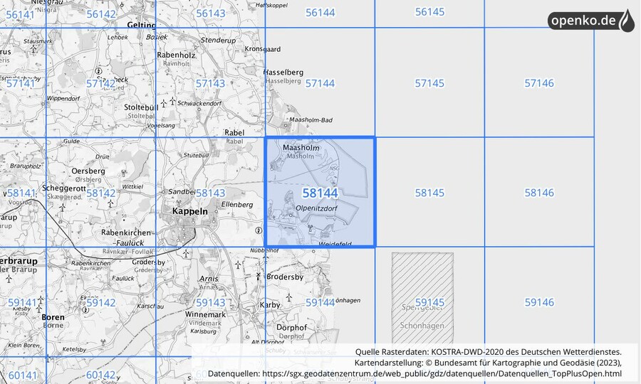 Übersichtskarte des KOSTRA-DWD-2020-Rasterfeldes Nr. 58144