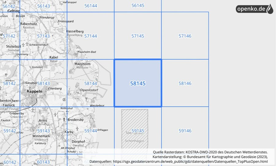 Übersichtskarte des KOSTRA-DWD-2020-Rasterfeldes Nr. 58145