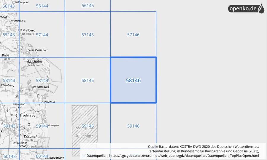 Übersichtskarte des KOSTRA-DWD-2020-Rasterfeldes Nr. 58146