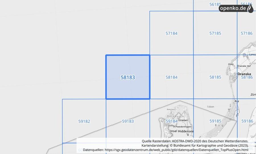 Übersichtskarte des KOSTRA-DWD-2020-Rasterfeldes Nr. 58183