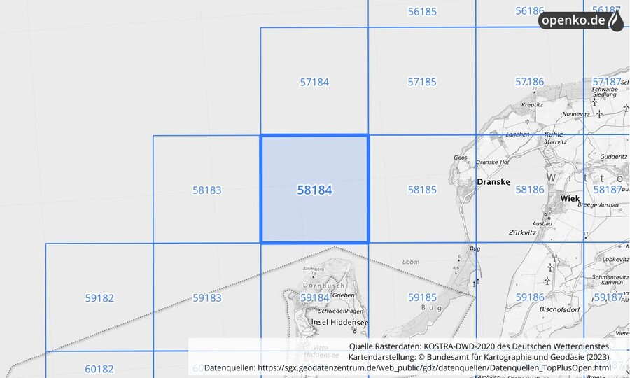 Übersichtskarte des KOSTRA-DWD-2020-Rasterfeldes Nr. 58184