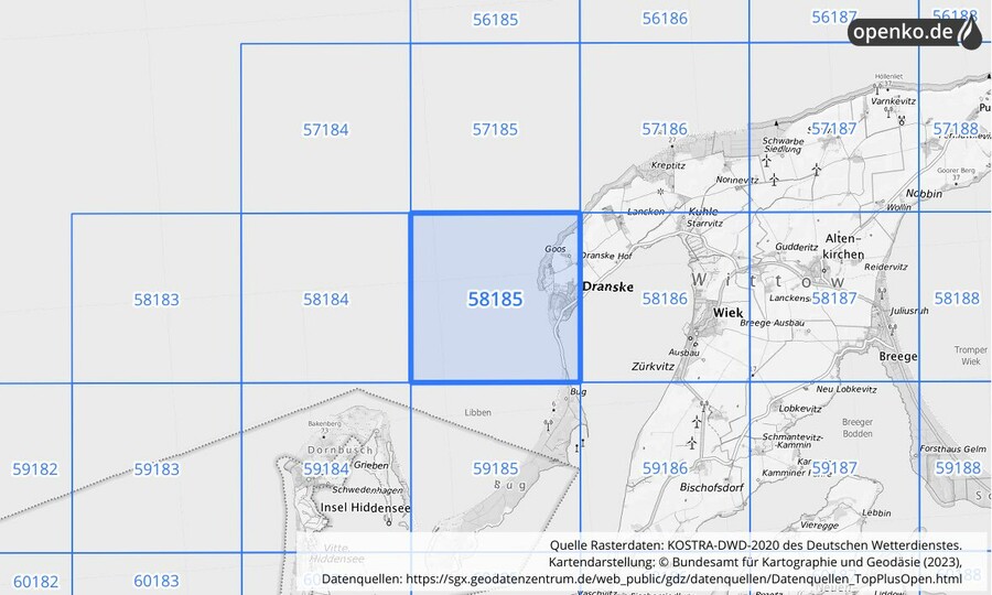 Übersichtskarte des KOSTRA-DWD-2020-Rasterfeldes Nr. 58185