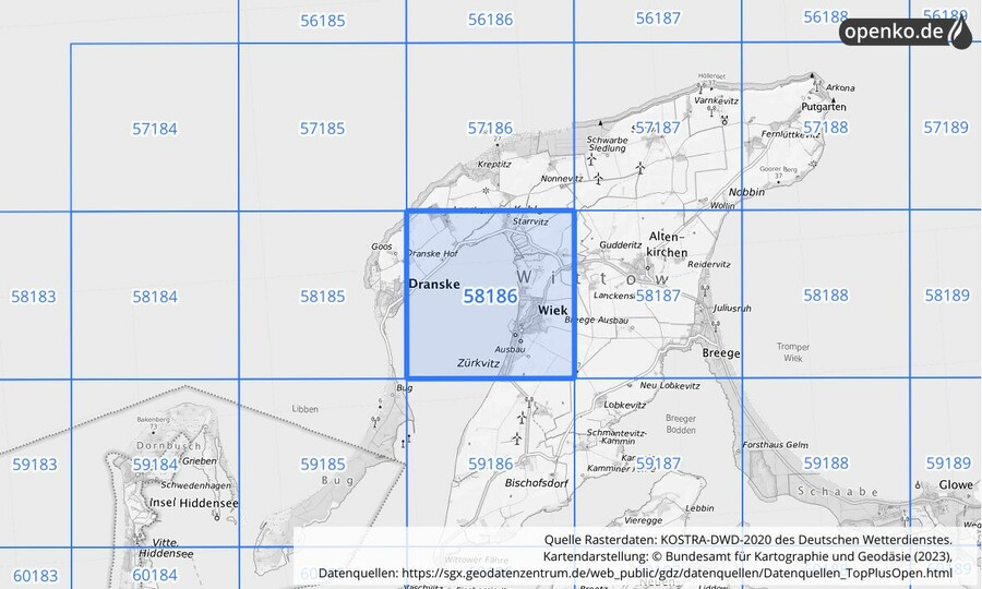 Übersichtskarte des KOSTRA-DWD-2020-Rasterfeldes Nr. 58186