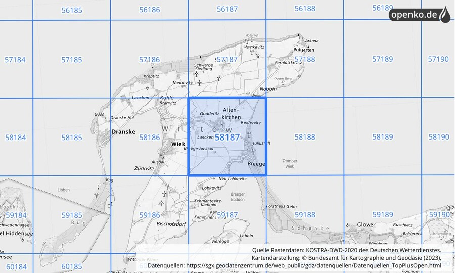 Übersichtskarte des KOSTRA-DWD-2020-Rasterfeldes Nr. 58187