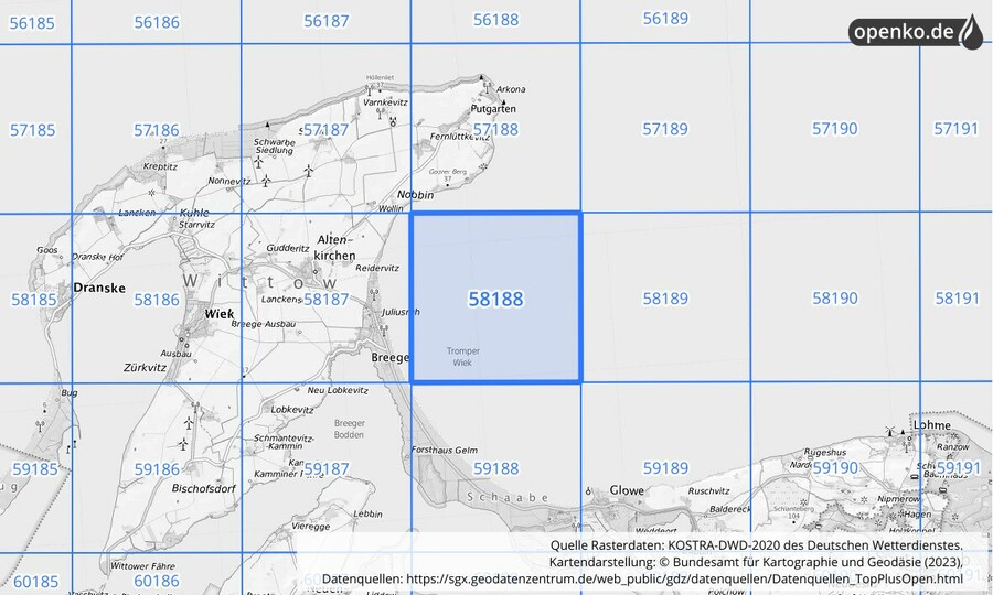 Übersichtskarte des KOSTRA-DWD-2020-Rasterfeldes Nr. 58188