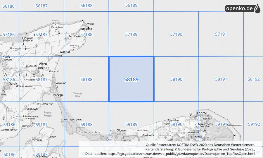 Übersichtskarte des KOSTRA-DWD-2020-Rasterfeldes Nr. 58189