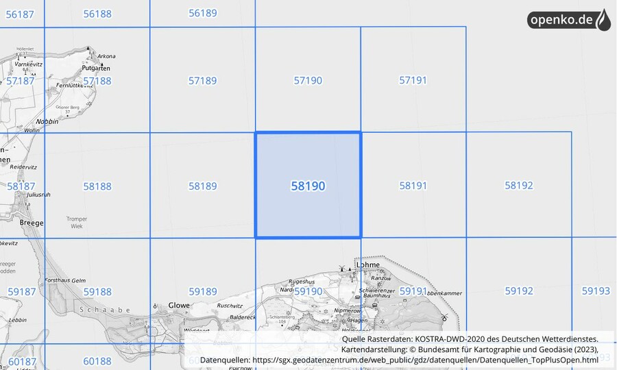 Übersichtskarte des KOSTRA-DWD-2020-Rasterfeldes Nr. 58190