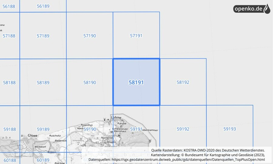 Übersichtskarte des KOSTRA-DWD-2020-Rasterfeldes Nr. 58191