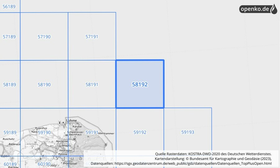 Übersichtskarte des KOSTRA-DWD-2020-Rasterfeldes Nr. 58192