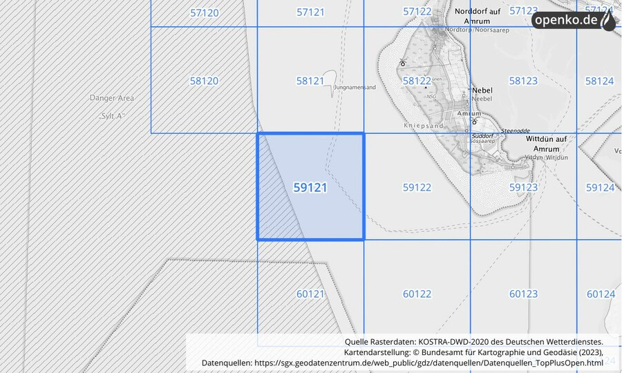 Übersichtskarte des KOSTRA-DWD-2020-Rasterfeldes Nr. 59121