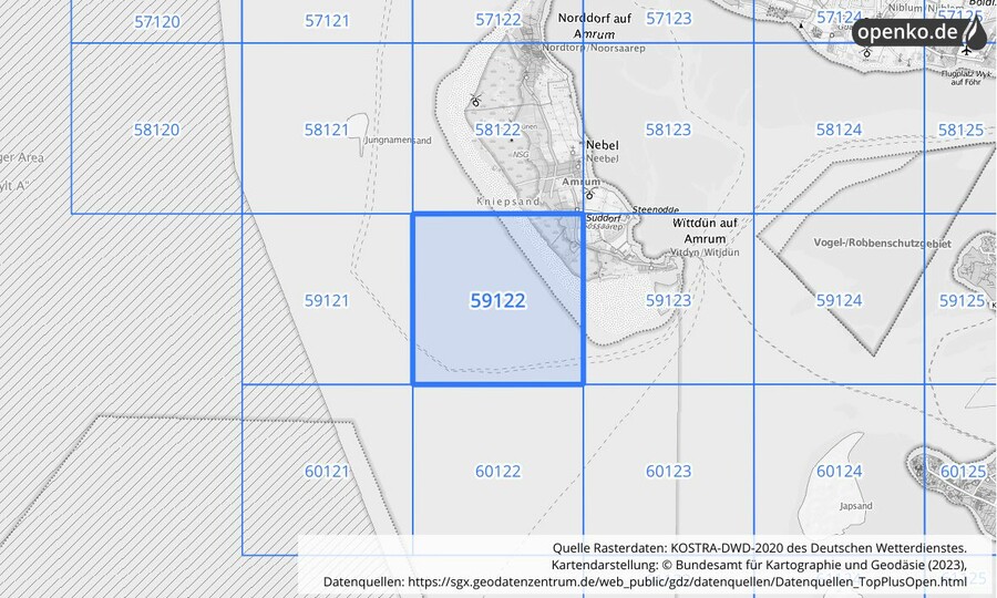 Übersichtskarte des KOSTRA-DWD-2020-Rasterfeldes Nr. 59122