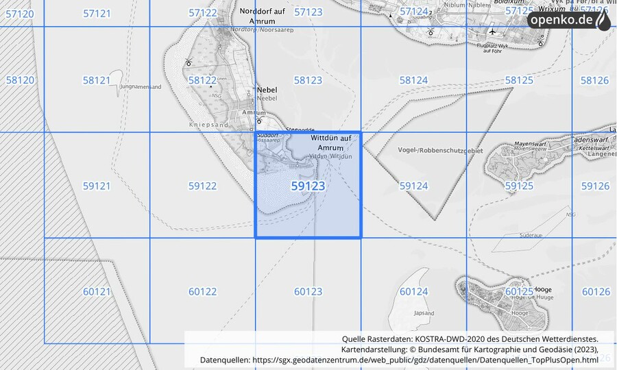 Übersichtskarte des KOSTRA-DWD-2020-Rasterfeldes Nr. 59123