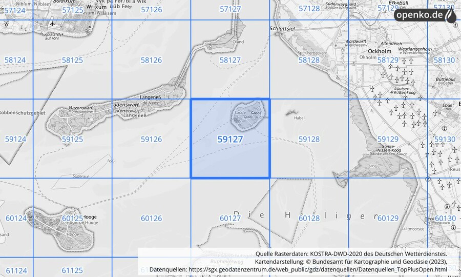 Übersichtskarte des KOSTRA-DWD-2020-Rasterfeldes Nr. 59127