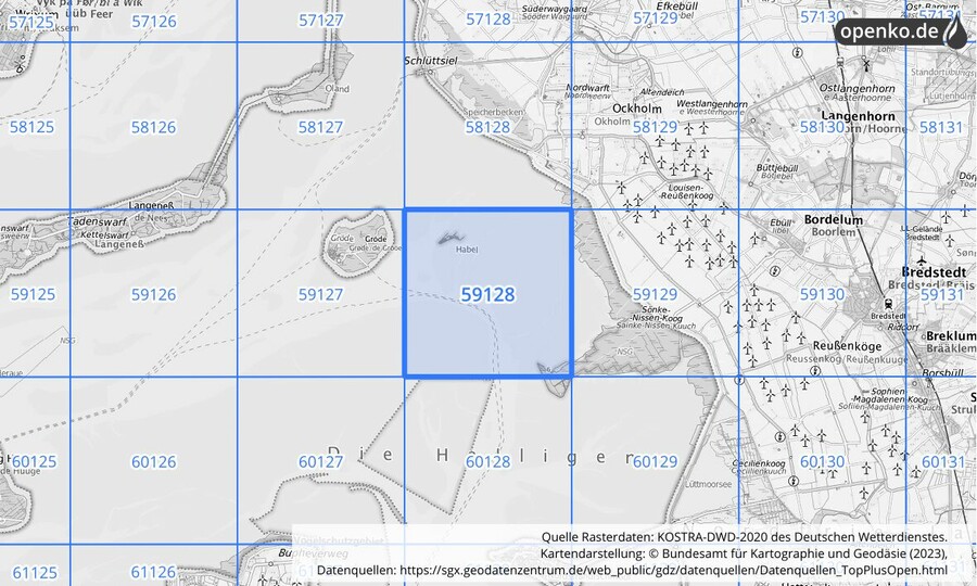 Übersichtskarte des KOSTRA-DWD-2020-Rasterfeldes Nr. 59128