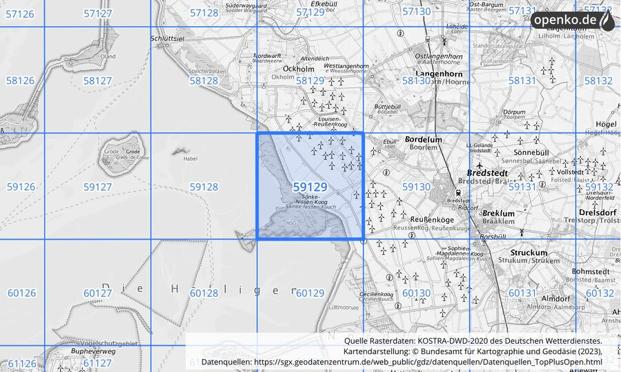 Übersichtskarte des KOSTRA-DWD-2020-Rasterfeldes Nr. 59129