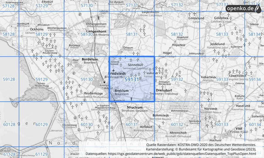 Übersichtskarte des KOSTRA-DWD-2020-Rasterfeldes Nr. 59131