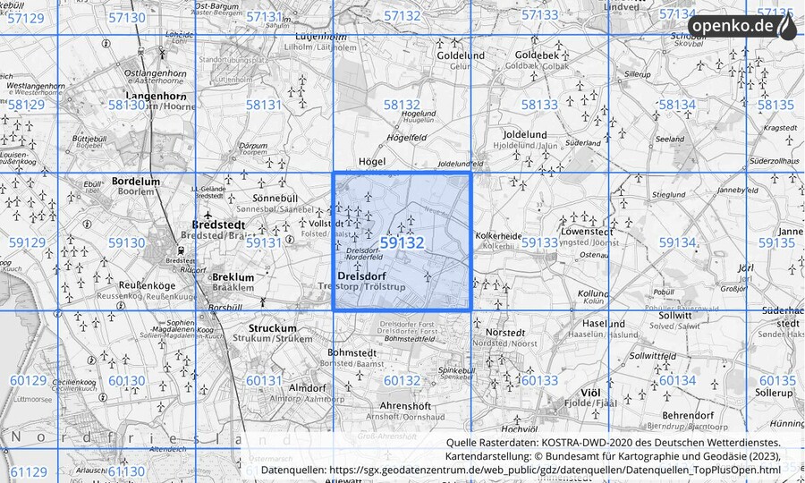 Übersichtskarte des KOSTRA-DWD-2020-Rasterfeldes Nr. 59132
