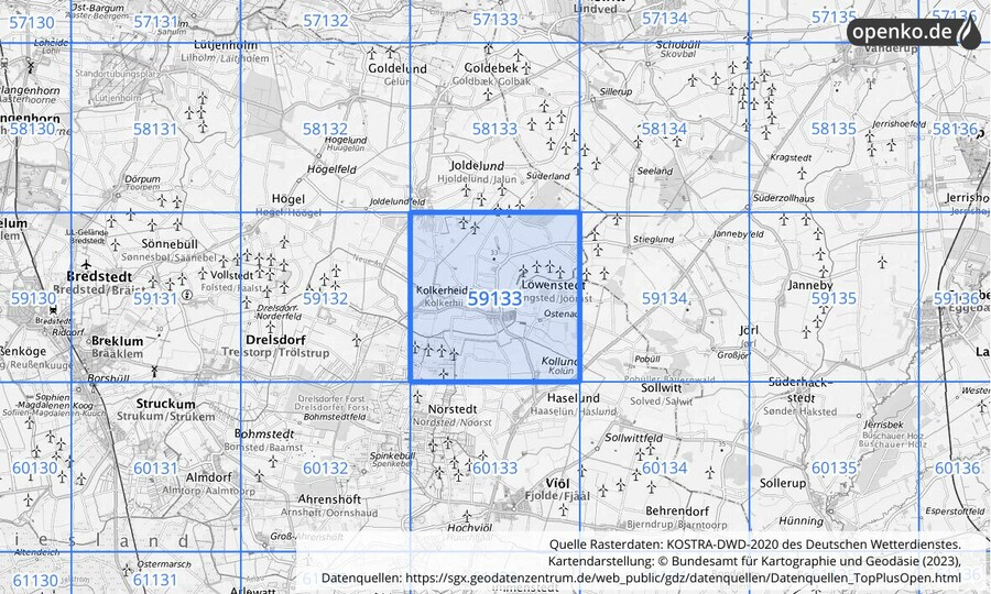 Übersichtskarte des KOSTRA-DWD-2020-Rasterfeldes Nr. 59133