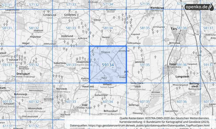 Übersichtskarte des KOSTRA-DWD-2020-Rasterfeldes Nr. 59134