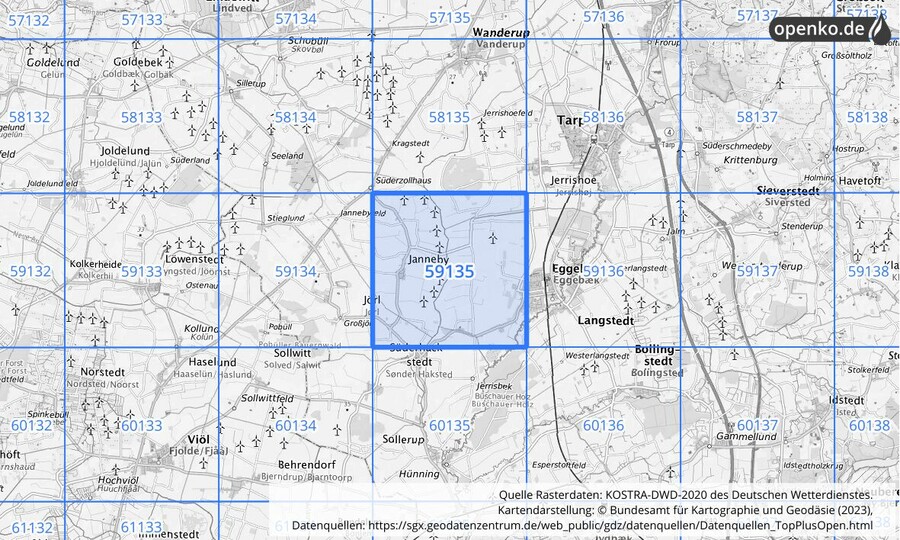 Übersichtskarte des KOSTRA-DWD-2020-Rasterfeldes Nr. 59135