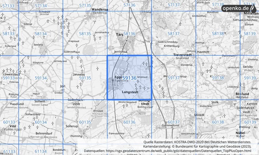 Übersichtskarte des KOSTRA-DWD-2020-Rasterfeldes Nr. 59136