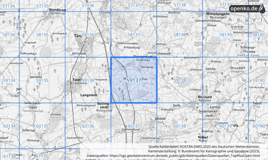 Übersichtskarte des KOSTRA-DWD-2020-Rasterfeldes Nr. 59137