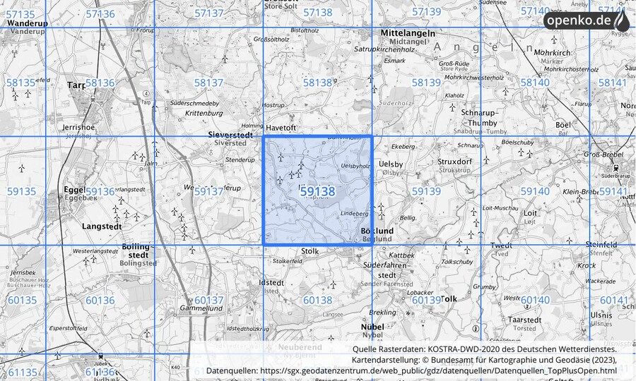 Übersichtskarte des KOSTRA-DWD-2020-Rasterfeldes Nr. 59138