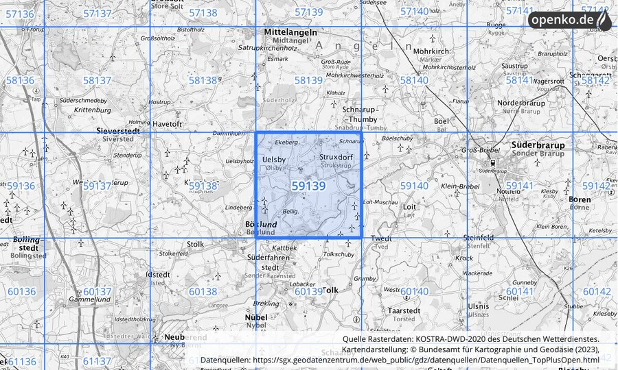 Übersichtskarte des KOSTRA-DWD-2020-Rasterfeldes Nr. 59139