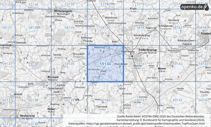 Übersichtskarte des KOSTRA-DWD-2020-Rasterfeldes Nr. 59140