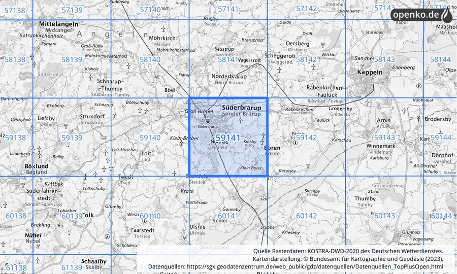 Übersichtskarte des KOSTRA-DWD-2020-Rasterfeldes Nr. 59141
