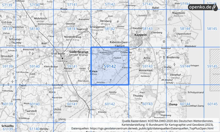 Übersichtskarte des KOSTRA-DWD-2020-Rasterfeldes Nr. 59142