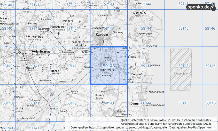 Übersichtskarte des KOSTRA-DWD-2020-Rasterfeldes Nr. 59143