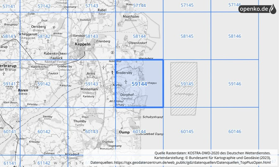 Übersichtskarte des KOSTRA-DWD-2020-Rasterfeldes Nr. 59144