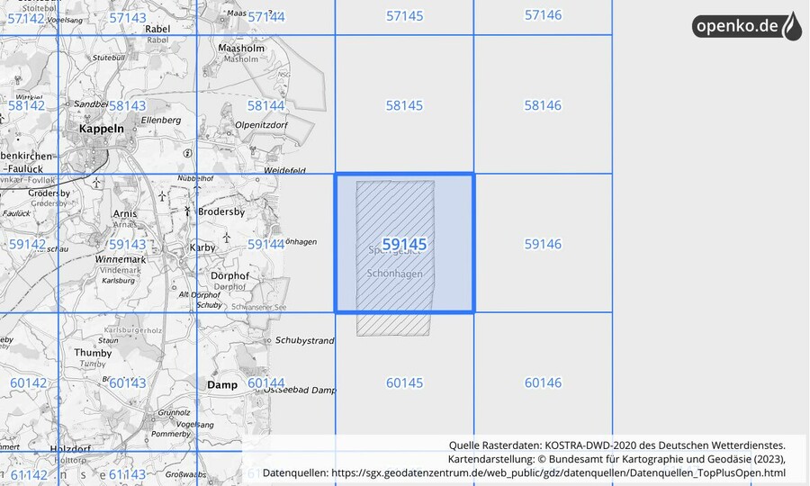 Übersichtskarte des KOSTRA-DWD-2020-Rasterfeldes Nr. 59145