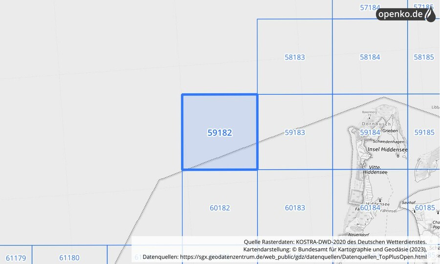 Übersichtskarte des KOSTRA-DWD-2020-Rasterfeldes Nr. 59182