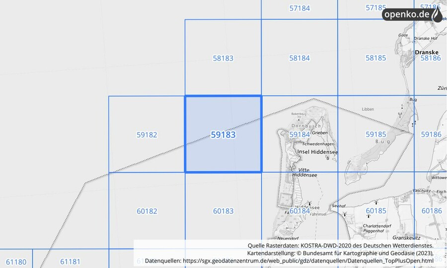 Übersichtskarte des KOSTRA-DWD-2020-Rasterfeldes Nr. 59183