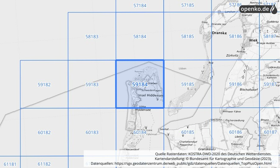 Übersichtskarte des KOSTRA-DWD-2020-Rasterfeldes Nr. 59184