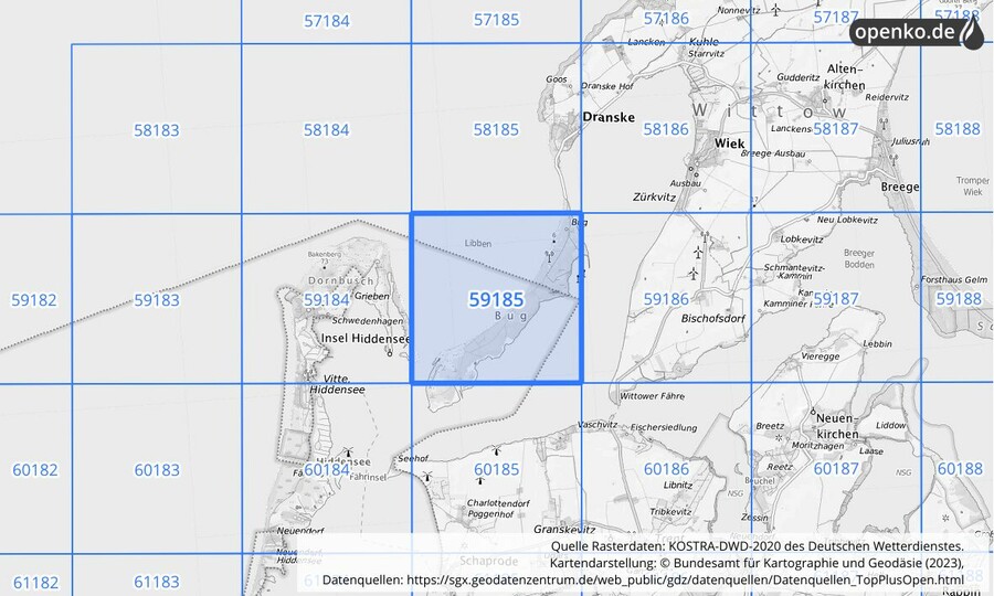 Übersichtskarte des KOSTRA-DWD-2020-Rasterfeldes Nr. 59185