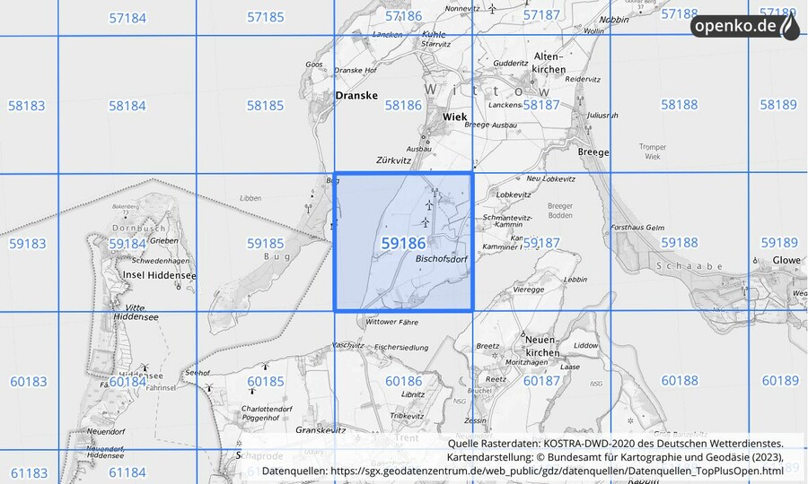 Übersichtskarte des KOSTRA-DWD-2020-Rasterfeldes Nr. 59186