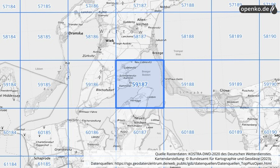 Übersichtskarte des KOSTRA-DWD-2020-Rasterfeldes Nr. 59187
